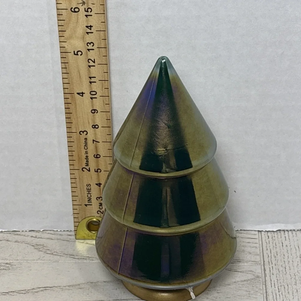 Set of 2 Iridescent Ceramic Christmas Trees Hunter Green Oil Slick Holiday Decor